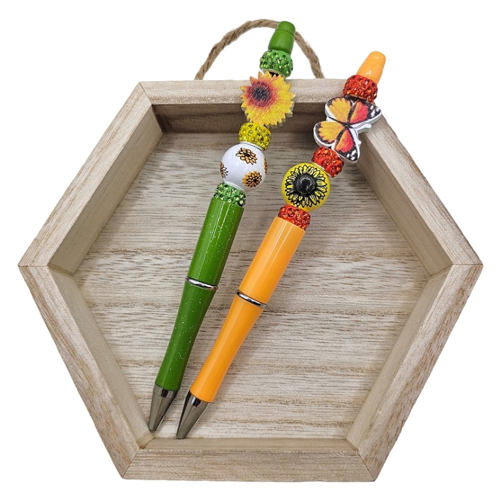 Set Of 2 Fall Sunflower & Butterfly Beading Pens Writing Gift Office Supplies